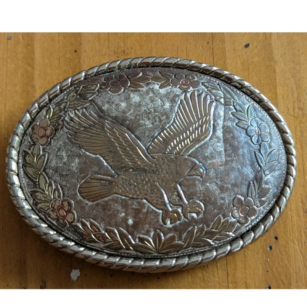 Vintage Eagle Floral Oval Belt Buckle Silver Copper Tone Western Cowboy Biker